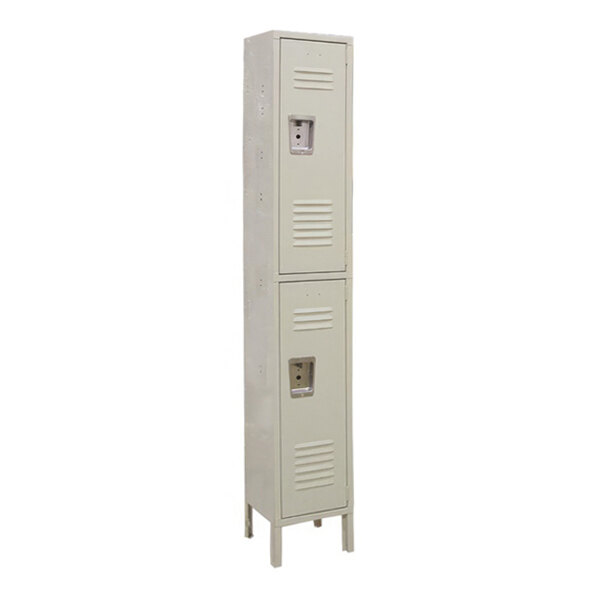 A tall, narrow beige metal locker with two vertically stacked compartments, each featuring a vented door and a recessed handle.