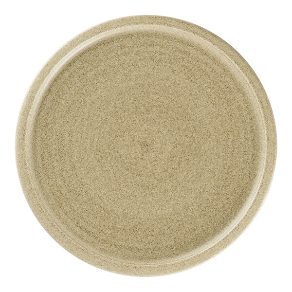 A close up of a beige Rak Porcelain flat coupe plate with a white background.