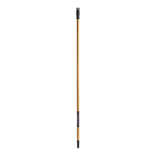 A long wooden pole with a black handle.