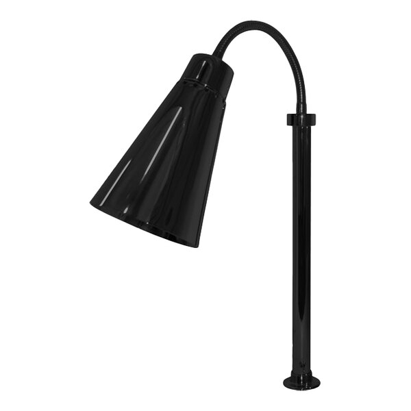 A close-up of a black Hanson Heat Lamp with a curved pole and rectangular shade.