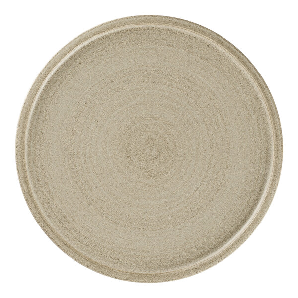 A gray Rak Porcelain flat coupe plate with a circular rim.