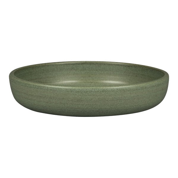 A dark green Rakstone Selva porcelain deep coupe plate with a small rim.