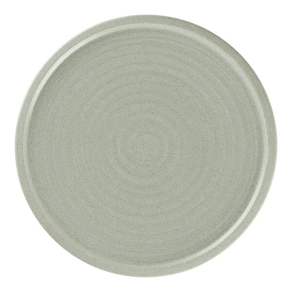 A close-up of a Rak Porcelain aqua green porcelain flat coupe plate with a circular design.