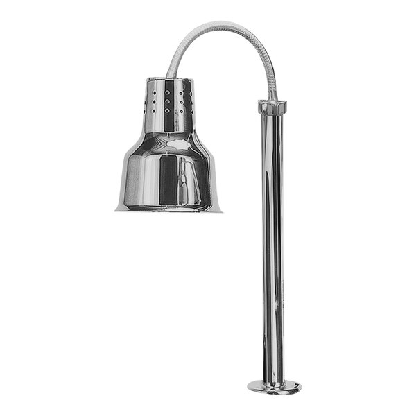 A chrome Hanson Heat Lamp with a metal base and a long flexible pole with a silver bottom.