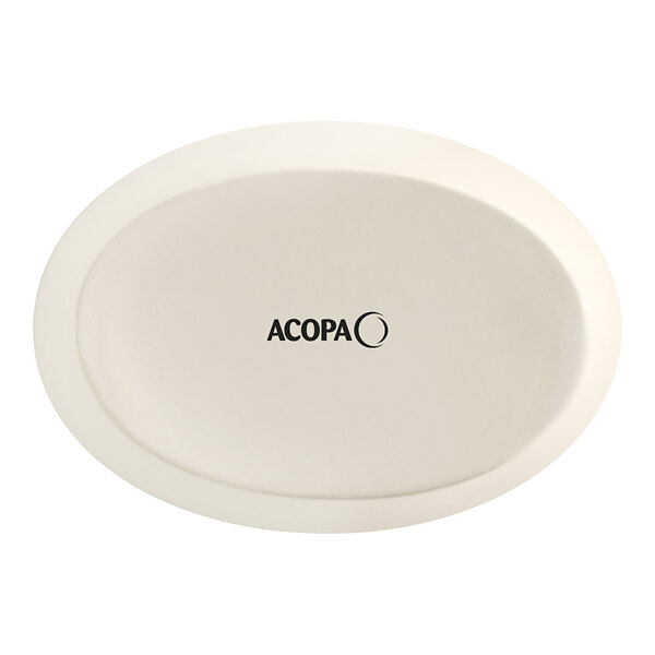 An ivory oval Acopa stoneware dish with black text.