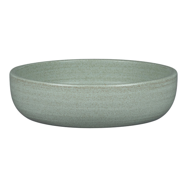 A Rak Porcelain deep coupe plate with an aqua green center and gray rim.