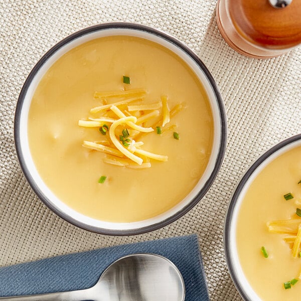 A bowl of soup with cheese, chives, and green onions.