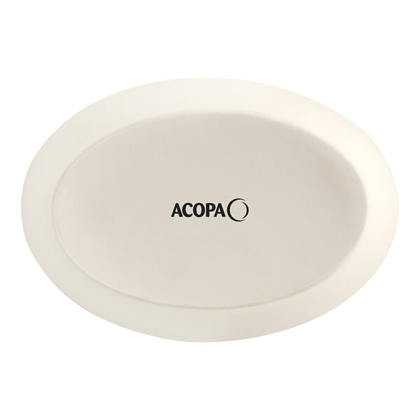 An ivory oval Acopa stoneware dish with black text.