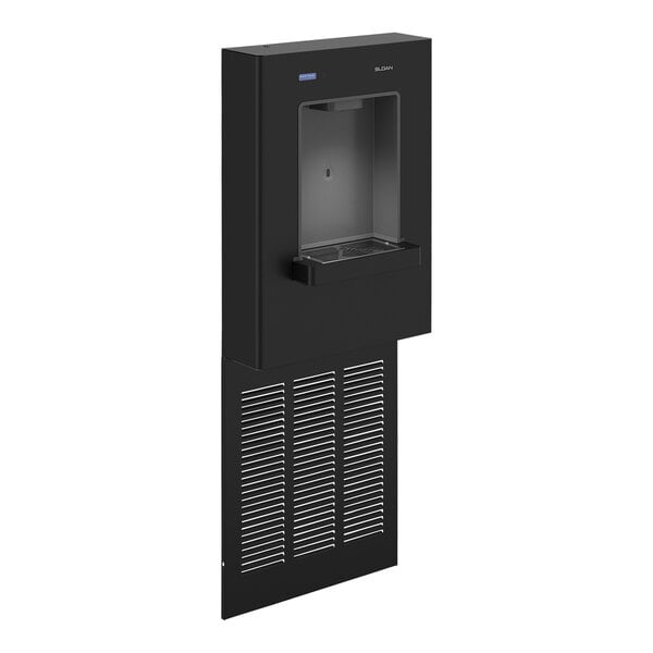 A black Sloan DropSpot wall-mount filtered bottle filling station with a vented door.
