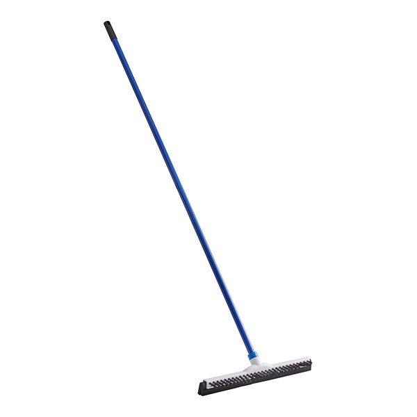 An Ettore floor squeegee with a long blue handle and white background.