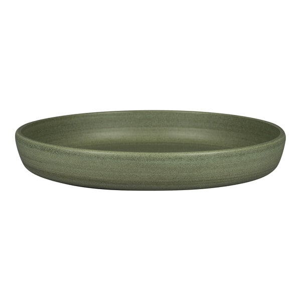 A dark green Rakstone Selva porcelain deep coupe plate with a rim.