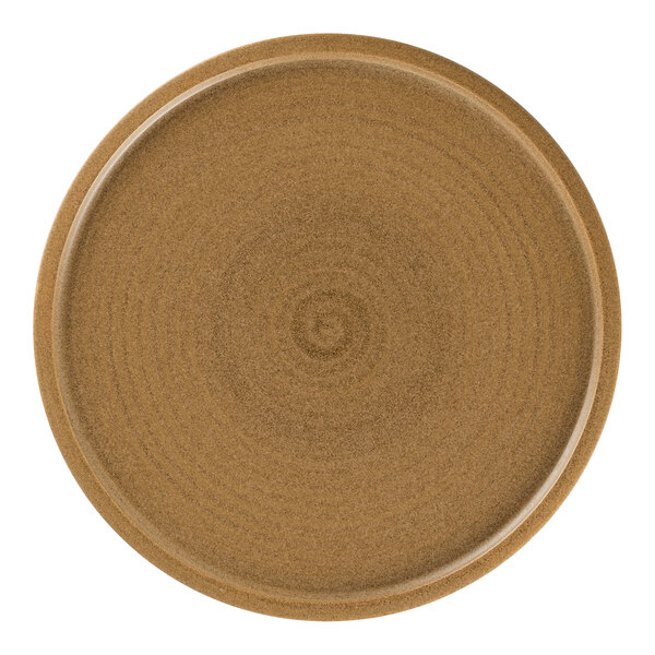 A brown Rak Porcelain flat coupe plate with a circular spiral design.