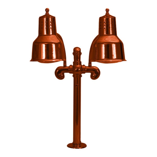A pair of copper Hanson Heat Lamps with two bulbs.