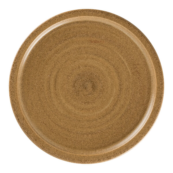 A Rakstone Selva Autumn Brown porcelain plate with a spiral pattern on the rim.