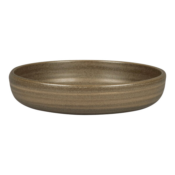 A dark brown Rakstone Selva porcelain deep coupe plate with a brown rim.