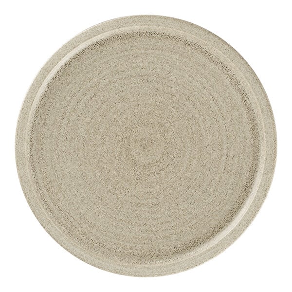 A close up of a Rak Porcelain gray flat coupe plate with a circular rim.