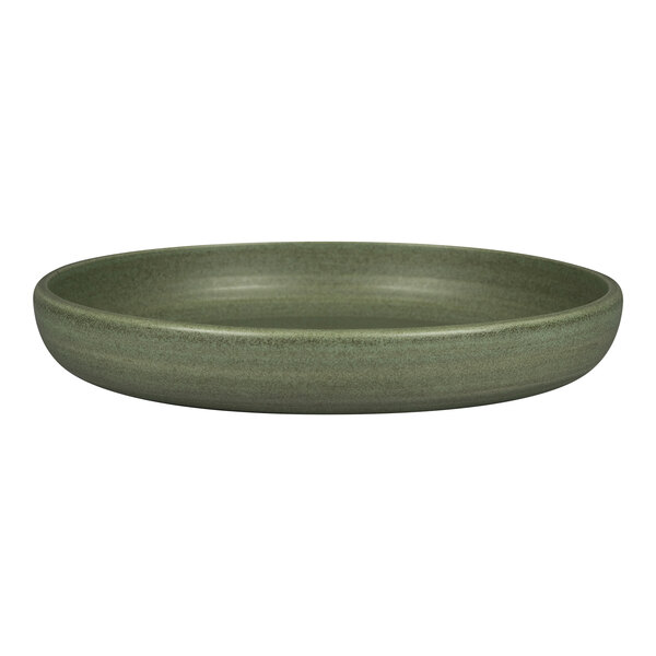 A dark green Rak Porcelain deep coupe plate with a rim.