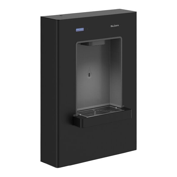 A black rectangular Sloan water bottle filling station with a clear window.