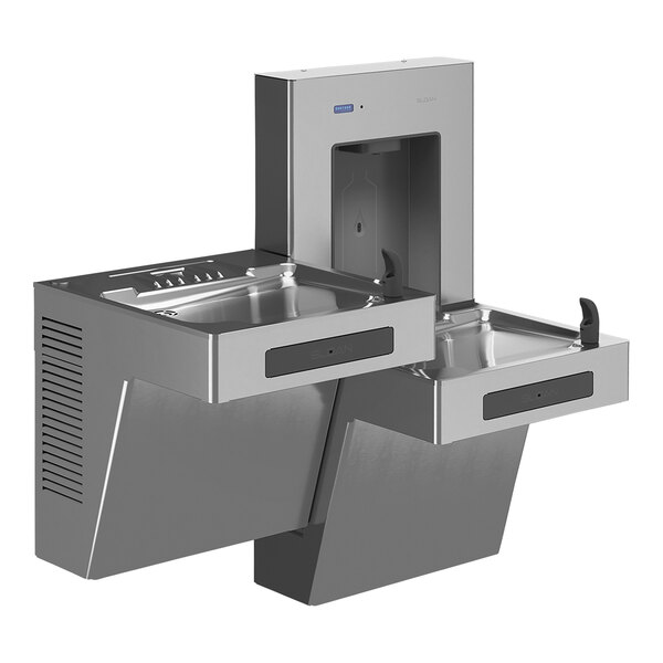 A Sloan stainless steel bi-level bottle filling station with two sinks.
