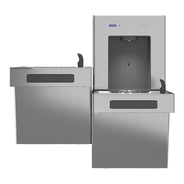 A Sloan DropSpot bottle filling station with two stainless steel water dispensers.