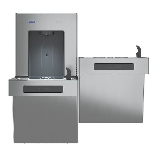 A Sloan DropSpot bi-level bottle filling station with two stainless steel water dispensers.