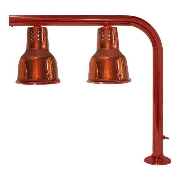 A Hanson Heat Lamps smoked copper finished aluminum and brass countertop heat lamp pole with two lights.