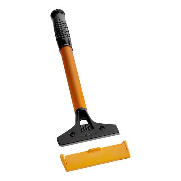 An Ettore heavy-duty floor scraper with a yellow handle and an orange razor blade.