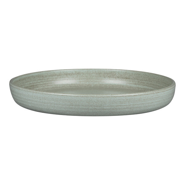 A Rak Porcelain deep coupe plate with an aqua green interior and a gray rim.