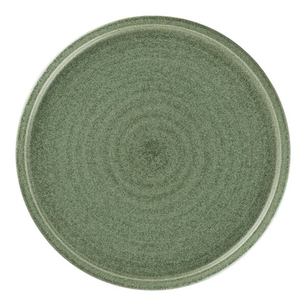 A dark green Rak Porcelain flat coupe plate with a circular spiral pattern.