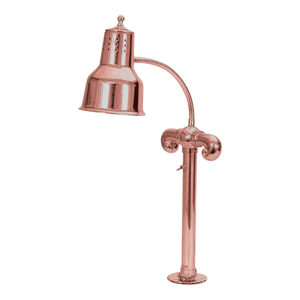 A close-up of a copper Hanson Heat Lamp with a curved pole and a white bottom.