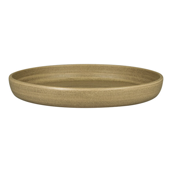 A beige Rakstone porcelain deep coupe plate with a rim.