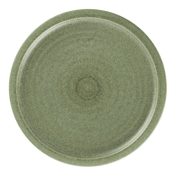 A close up of a dark green Rak Porcelain flat coupe plate with a small rim.