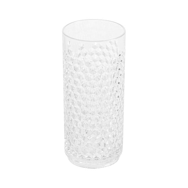 A close-up of a GET Tritan plastic cooler glass with a diamond pattern.