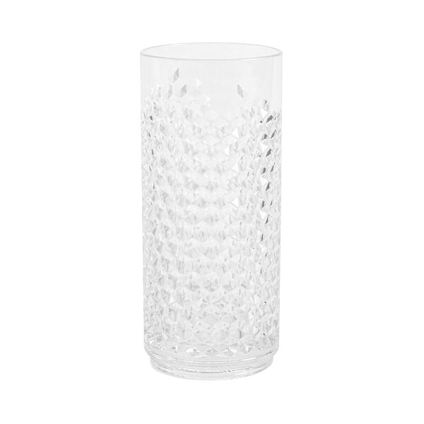 A close-up of a clear GET Tritan plastic cooler glass with a diamond cut design.