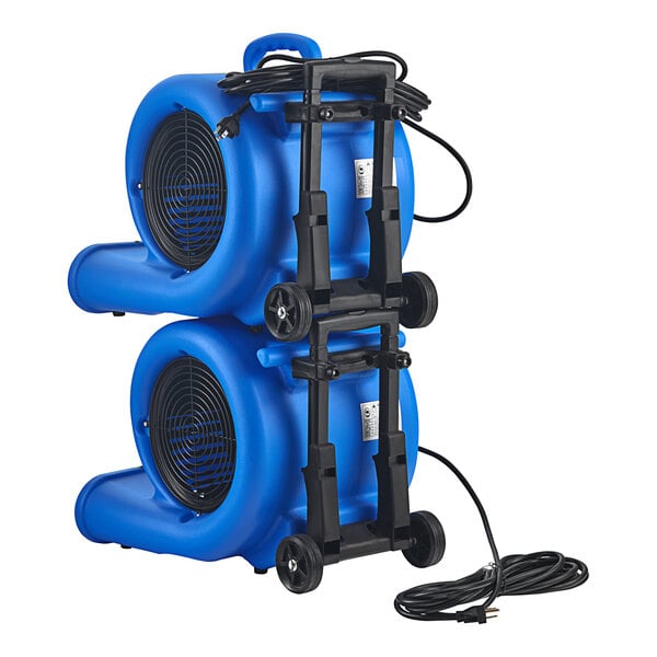Two blue Lavex portable air blowers with black cords.