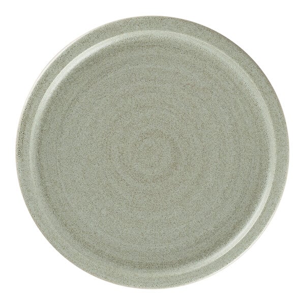 A close-up of a Rak Porcelain aqua green flat coupe plate with a white rim.