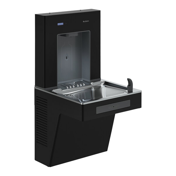 A black Sloan bottle filling station with a faucet over a sink.