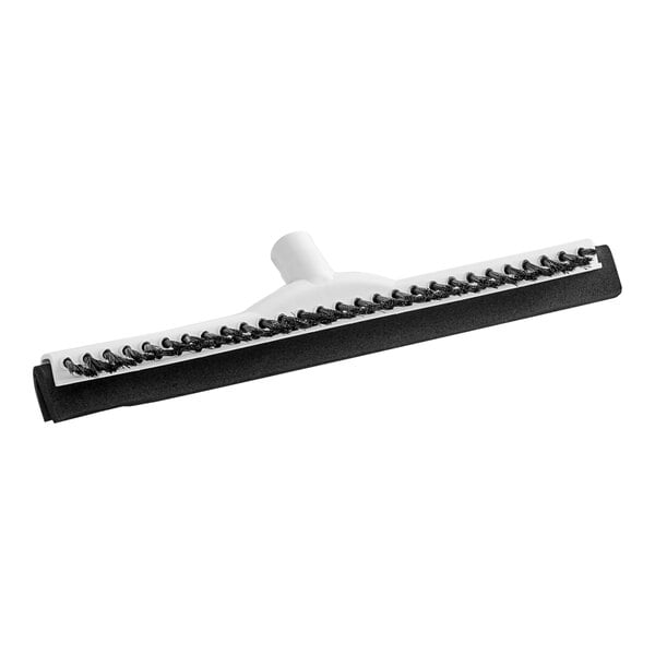 An Ettore floor squeegee with a black and white handle and splash guard, and a black brush.