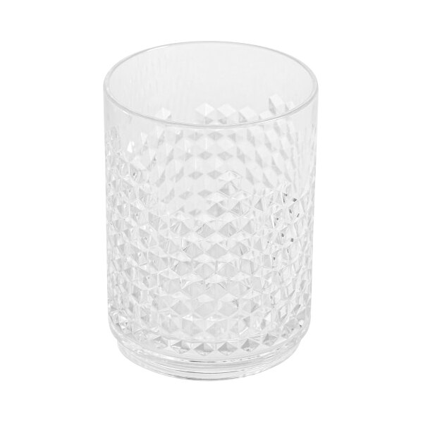 A clear GET Tritan plastic rocks glass with a diamond pattern.