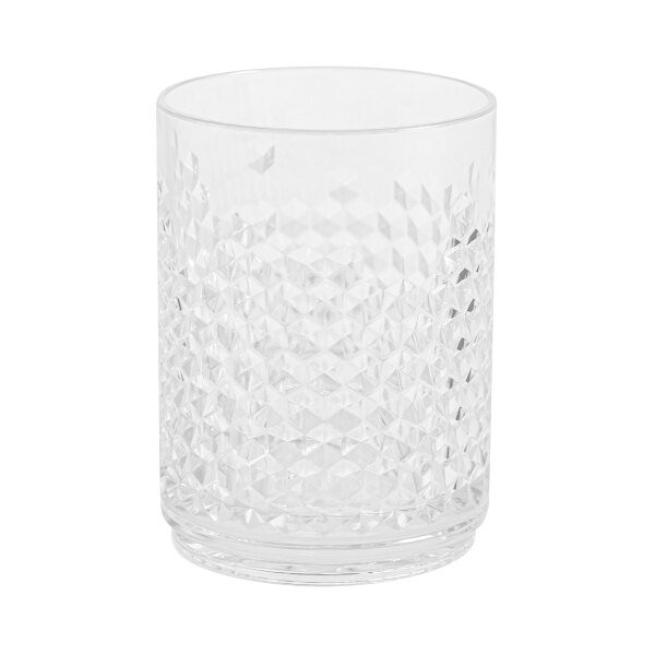 A close-up of a clear GET Tritan plastic rocks glass with a diamond pattern.