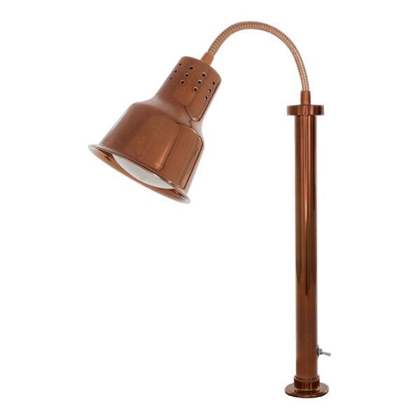 A Hanson Heat Lamps Streamline copper and brass heat lamp with a curved pole and a white shade.