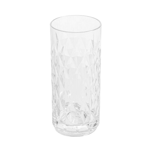 A close-up of a clear GET Fitzgerald plastic cooler glass with a diamond cut design.