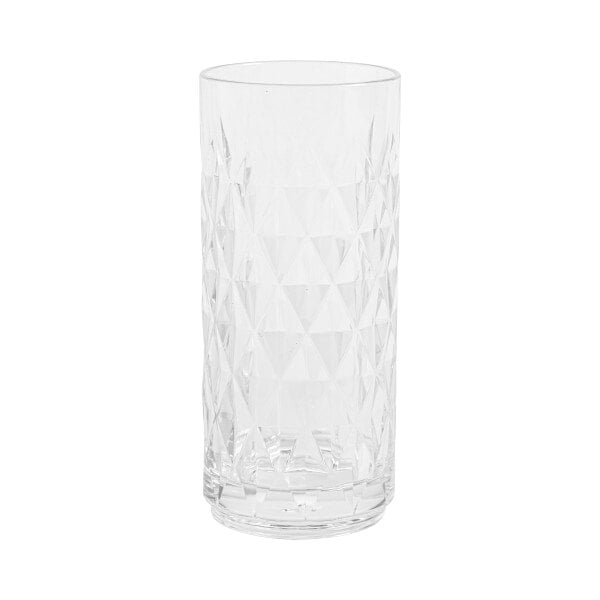 A close up of a GET clear plastic cooler glass with a diamond pattern.