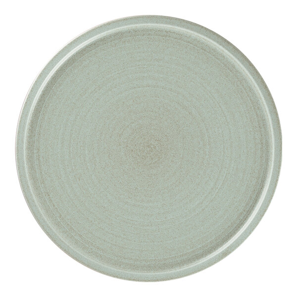 A close-up of a light green Rak Porcelain flat coupe plate with a circular rim.