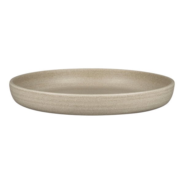 A gray porcelain deep coupe plate with a rim.