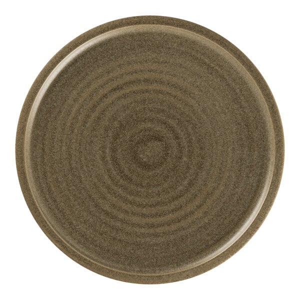 A dark brown Rakstone Selva porcelain coupe plate with a spiral design.