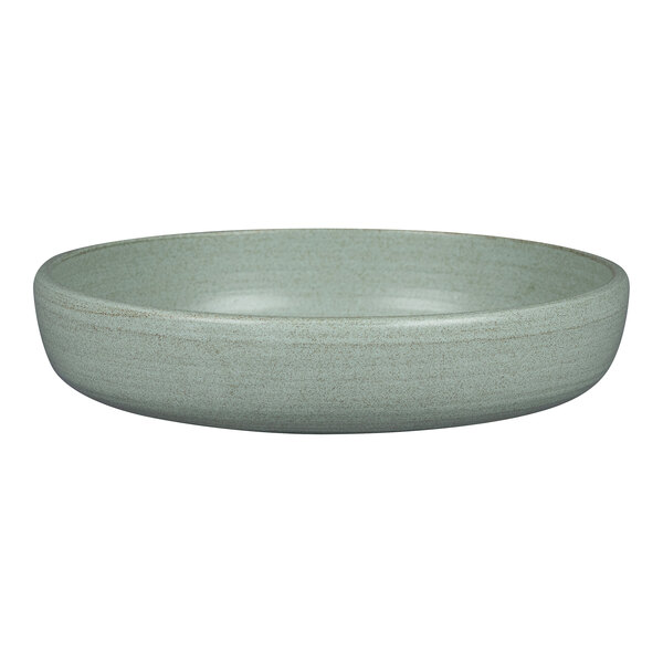 A Rak Porcelain deep coupe plate with an aqua green center and gray rim.