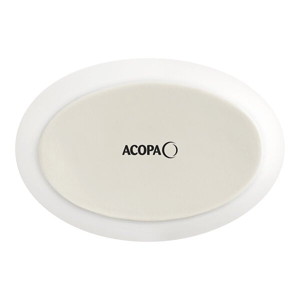 A white oval Acopa porcelain baker dish with black text.