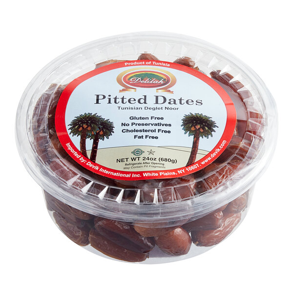 A plastic container of Dried Pitted Deglet Noor Dates.