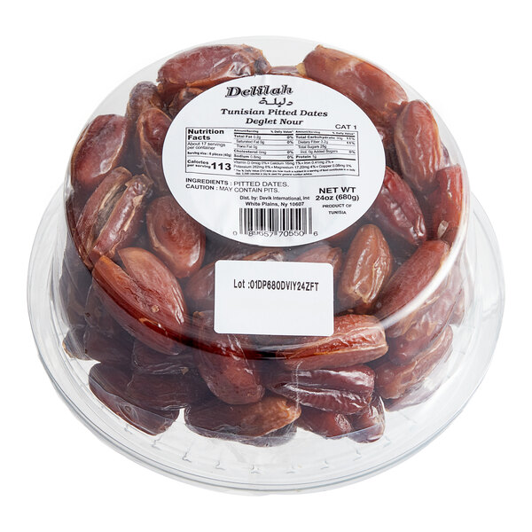 A plastic container of Dried Pitted Deglet Noor Dates.